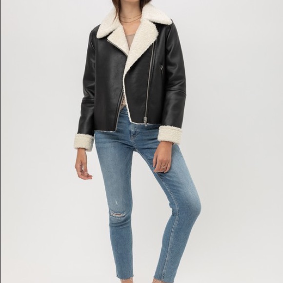 Black shearling zipper leather moto biker jacket - Picture 3 of 6